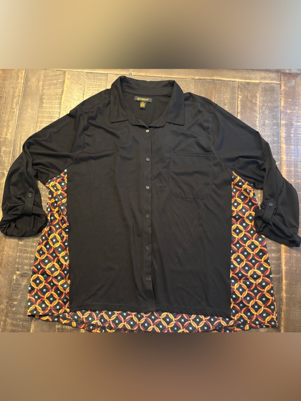 Goddess Black Button-Front Shirt Multicolor Geometric Accents Lightweight